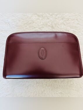 Cartier Must de Cartier Burgundy Leather 2C Logo Zip Around Pouch/Clutch Bag